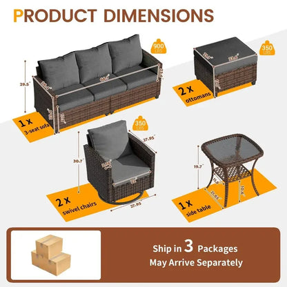 Patio Furniture Set, 6 Pieces Outdoor Sectional Couch with Swivel Rocking Chair, Brown Wicker Rattan Conversation Sofa, 4 Thick