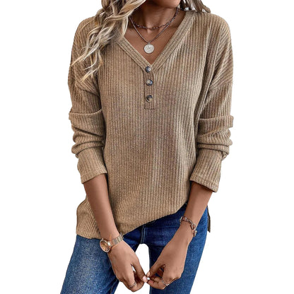 Spring and autumn button ribbed knitted tops casual sweater all-match solid color long-sleeved pullover V-neck top