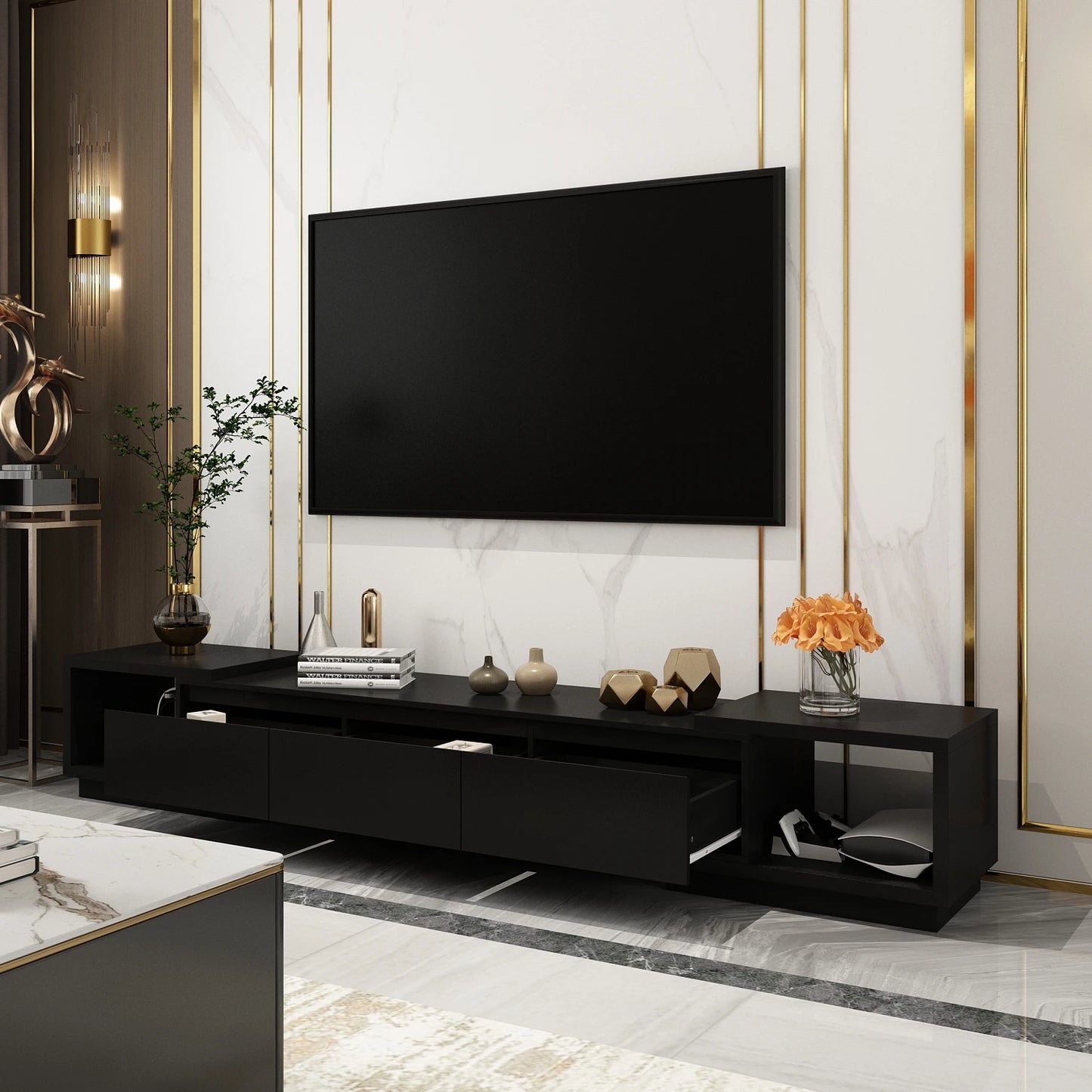 FUFU&GAGA Modern TV stand with 3 drawers, expandable TV console for TVs up to 120'', entertainment center for living room