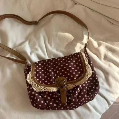 New Korean Polka Dot Niche Design Vintage Women's Single Shoulder Crossbody Bags Fashion Polka Dot Canvas Bag