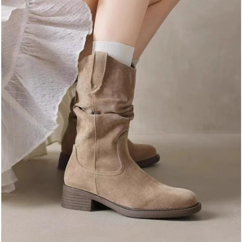 Luxury Women Pleated High Heeled Ankle Boots Autumn New Pointed Toe Brown Cowboy Boots Woman Pu Leather Botas Shoes Plus Size 42