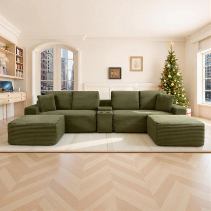 125" Oversized Modular Sectional Sofa, Deep Seat Cloud L-Shaped Corduroy Couch with Cup Holders, USB Ports &, Customized