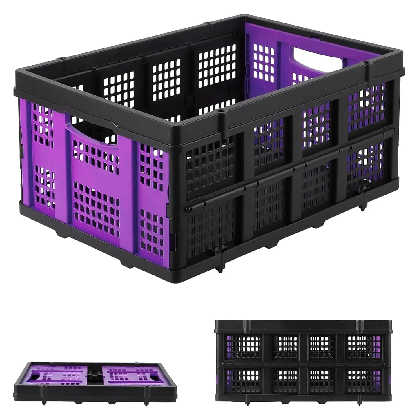 55L Heavy-Duty Collapsible Plastic Crate Foldable Storage Basket with Side Handles, Stackable Design for Food Drinks Books Tools
