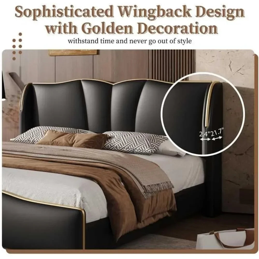 Modern Luxury Leather Platform Bed Frame - Wingback Headboard & Wavy Footboard, No Box Spring Required