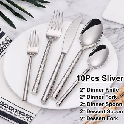 5/10/15/20Pcs Gold Heavy Cutlery Sliver Dinner Set Stainless Steel Tableware Mirror Western Hammer Pattern Handle Knife Fork