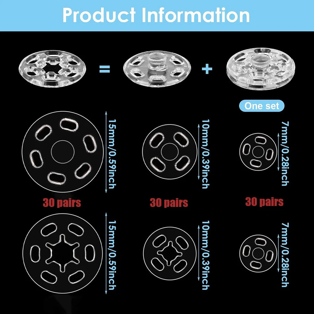 90Sets Plastic Sew-on Snap Buttons Invisible Snap Fasteners Buttons Round Clear Press Button for Sewing Clothing DIY Craft