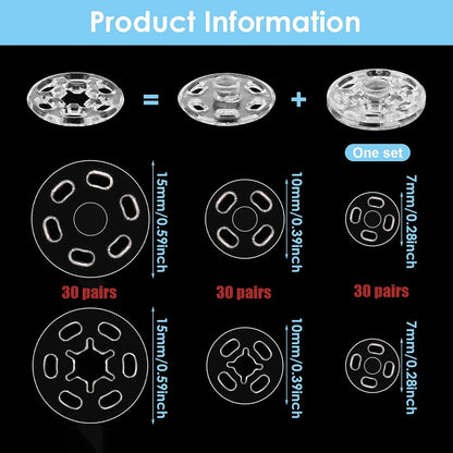 90Sets Plastic Sew-on Snap Buttons Invisible Snap Fasteners Buttons Round Clear Press Button for Sewing Clothing DIY Craft