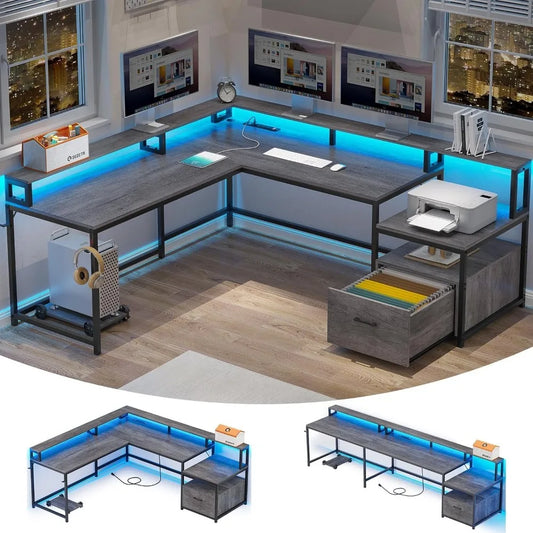 Office Desk with Wood File Drawer & Power Outlet,Gaming Desk with Led Lights,Corner Computer Desk with Monitor Shelf,Customized