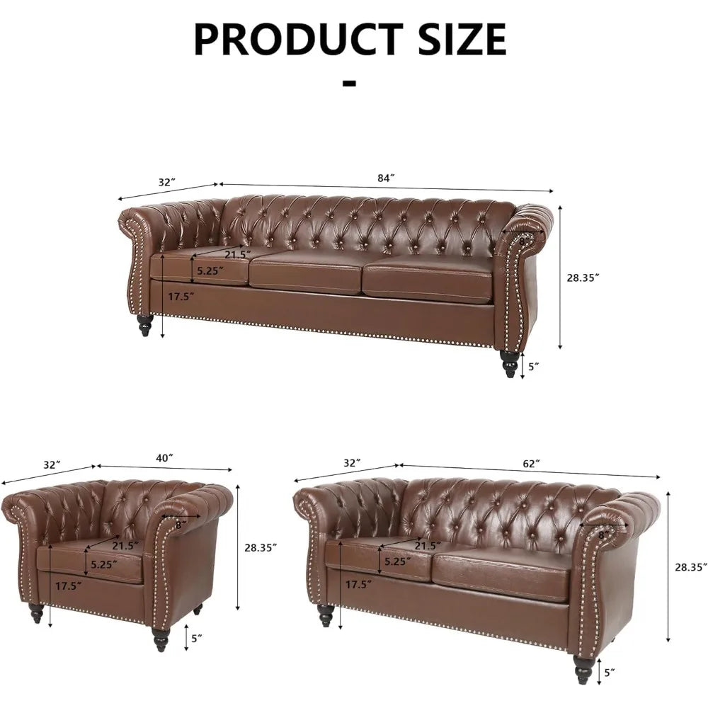 Chesterfield Leather Sofa 3 Seater Couch, Mid-Century Large Sofa Roll Arm Classic Tufted Settee Modern PU Sofa with Channel Tuf
