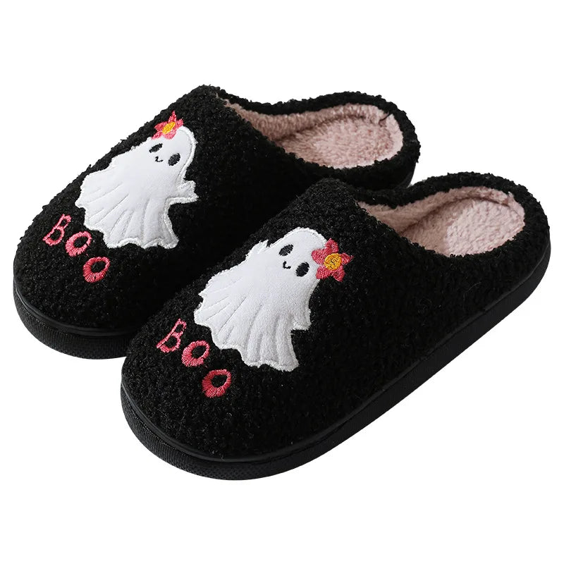 Halloween Ghost Plush Slippers Closed Toe Slippers Anti Slip Warm Slip-on House Shoes Soft Furry Slipper for Men Women