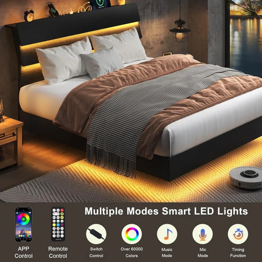 LED Twin Size Bed Frame W/Charging Station, Wood Storage Headboard, Heavy Duty Metal Slats, No Box Spring Needed, Easy Assembly