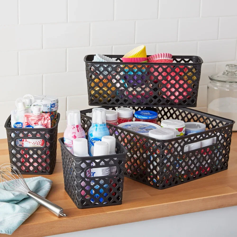 4 Piece Black Decorative Storage Basket Set Durable Plastic Organization Bins with Cut-Out Handles Versatile Home Storage