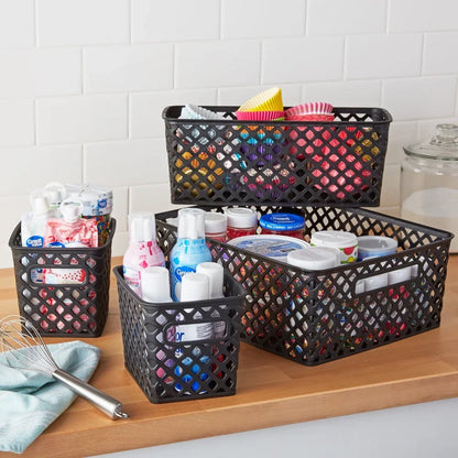 4 Piece Black Decorative Storage Basket Set Durable Plastic Organization Bins with Cut-Out Handles Versatile Home Storage