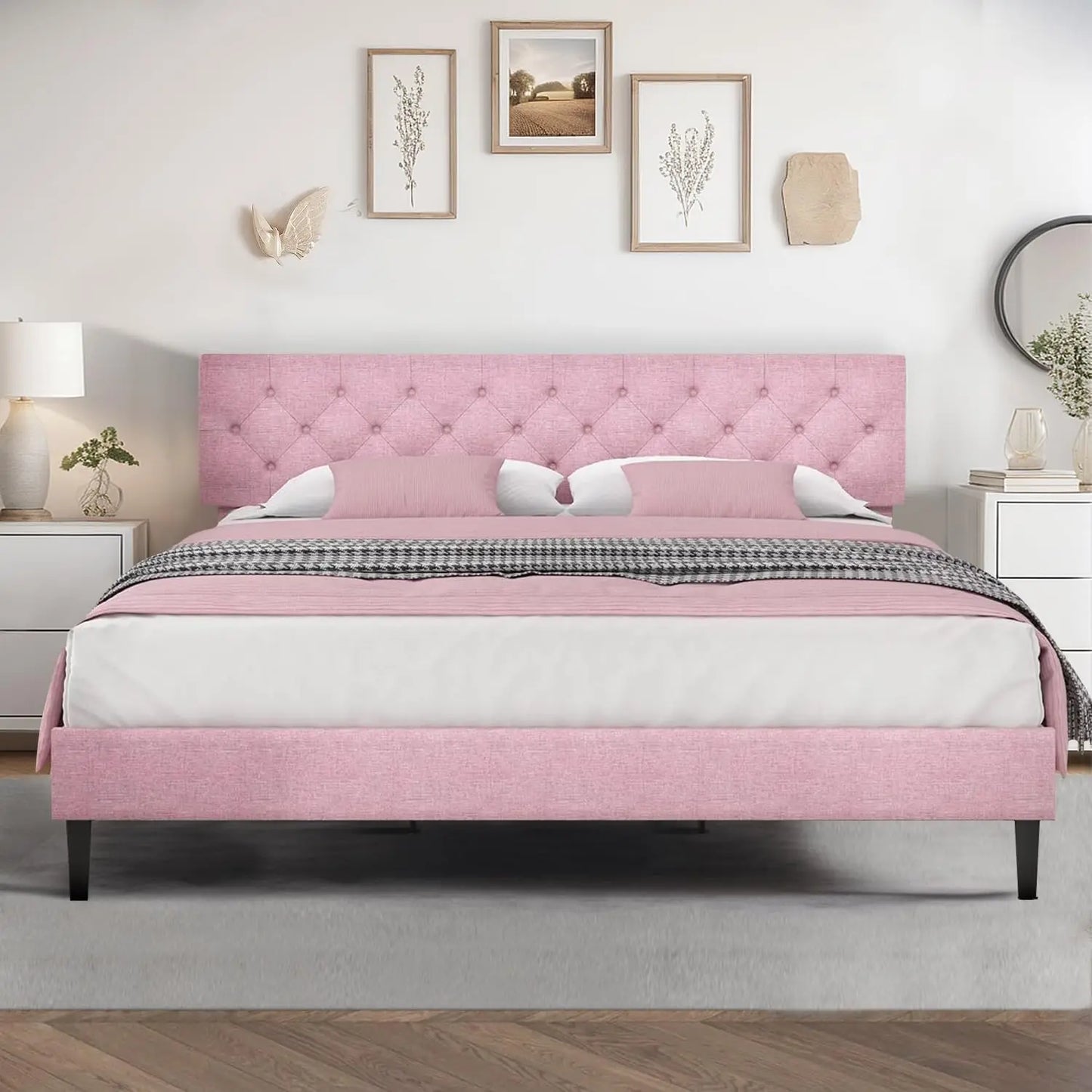 Bed Frame with Headboard, Linen Fabric Upholstered Platform Bed Frame, Button Tufted Bed Frame , Customized