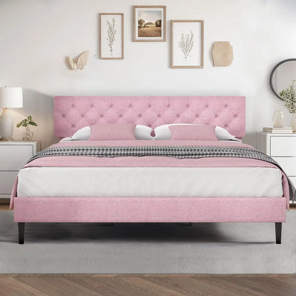Bed Frame with Headboard, Linen Fabric Upholstered Platform Bed Frame, Button Tufted Bed Frame , Customized