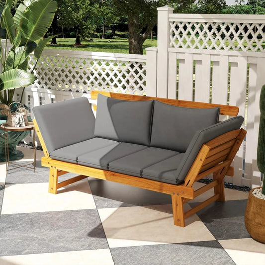 Wooden Garden Bench for Outdoor W/ Cushions, Patio Loveseat, Gray