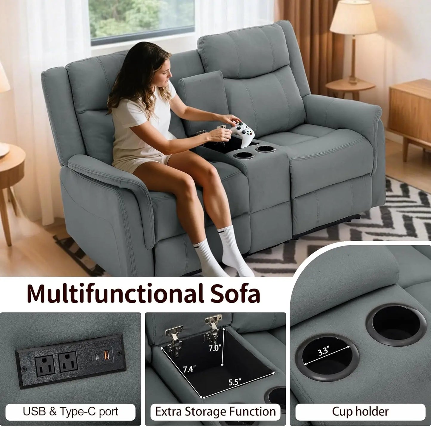 Loveseat Recliner Sofa, Reclining Loveseat Couch, Reclining Couch with Console, USB Port, US Outlets, and Cup, Customized