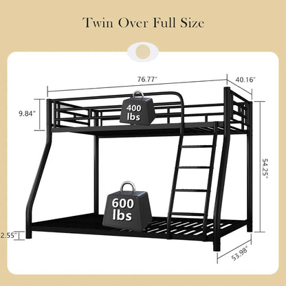 Metal Bunk Bed, Full Size Bed Frame, Twin Over Full Bunk Bed with Safety Guardrail and Ladder, Bunk Beds Twin Over Full Size