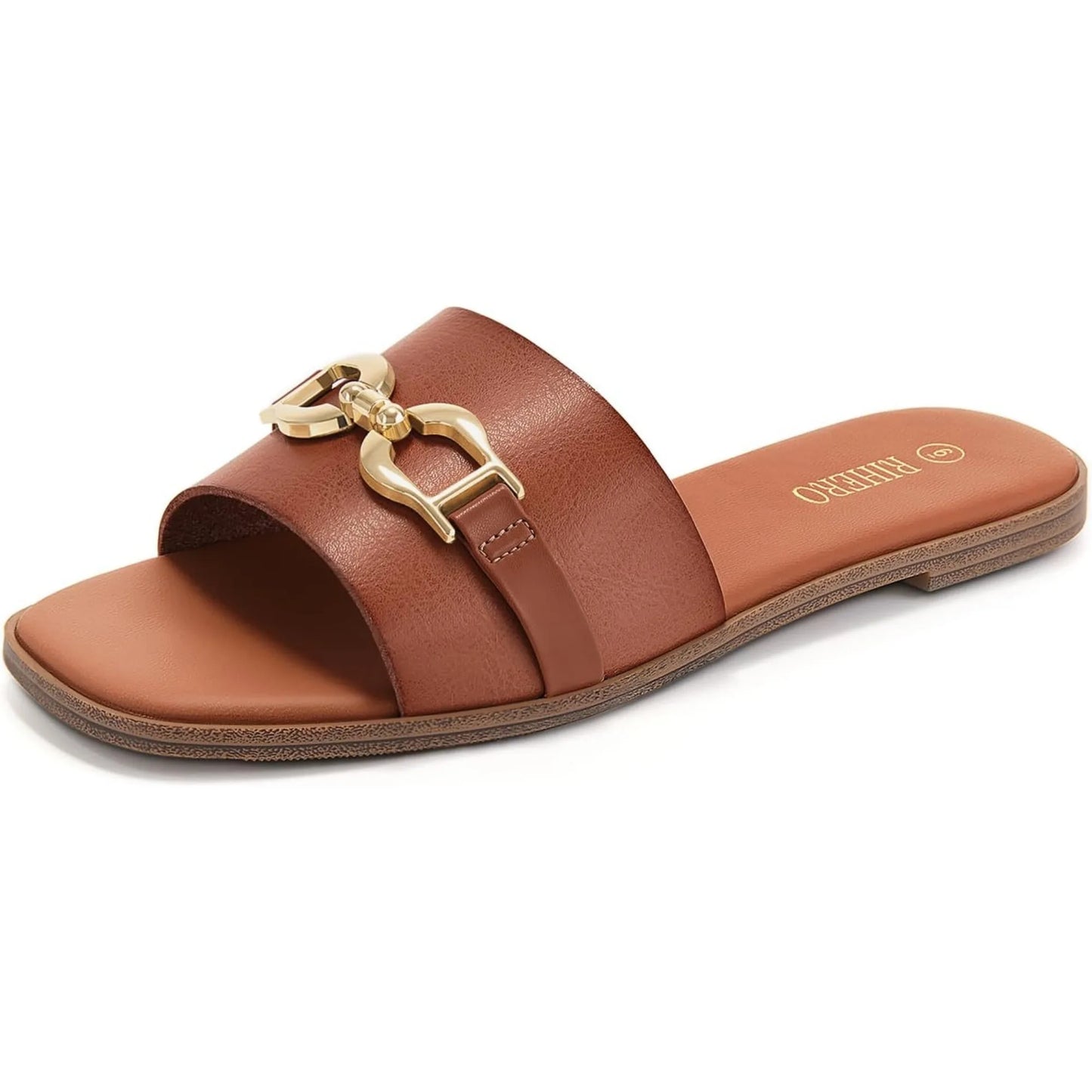 Women's Flat Sandals Summer Comfortable Square Open Toe Slip On Leather Slide Sandals