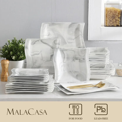 MALACASA FLORA 26-PIECE Nordic European Marble Gray Porcelain Tableware Set with 6PCS Bowl Dinner Plate Dessert Soup Plate