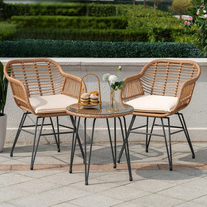 3 Piece Outdoor Wicker Bistro Set, Patio Conversation Sets w/2 Large Rattan Chairs and Tempered Glass Table, Patio Furniture