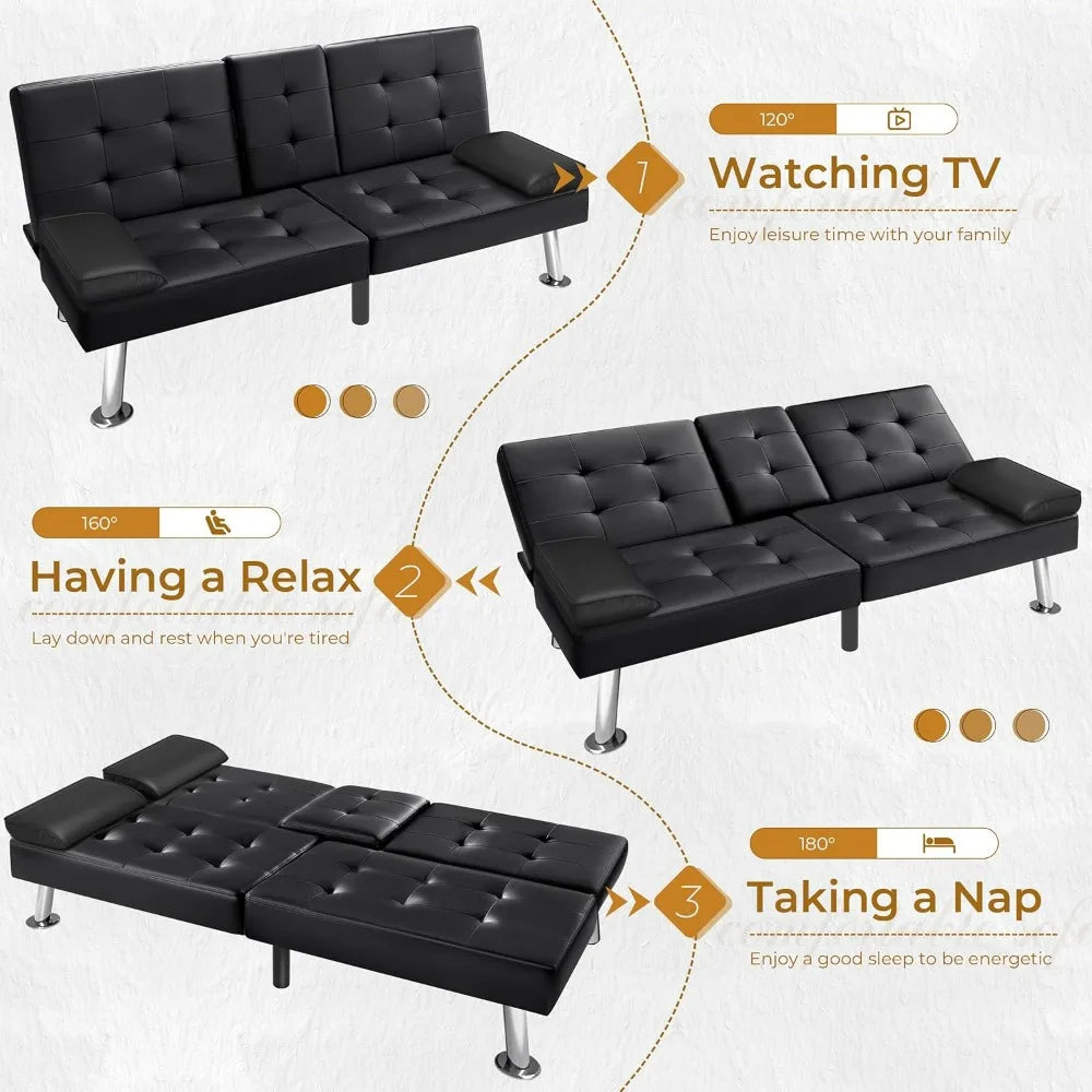 VICTONE Futon Sofa Bed Modern Faux Leather Couch Bed Convertible Folding Recliner for Living Room with 2 Cup Holders and Armrest