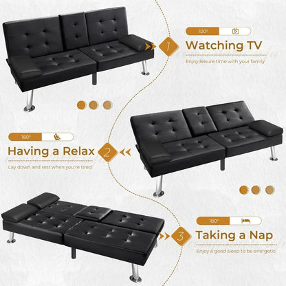 VICTONE Futon Sofa Bed Modern Faux Leather Couch Bed Convertible Folding Recliner for Living Room with 2 Cup Holders and Armrest