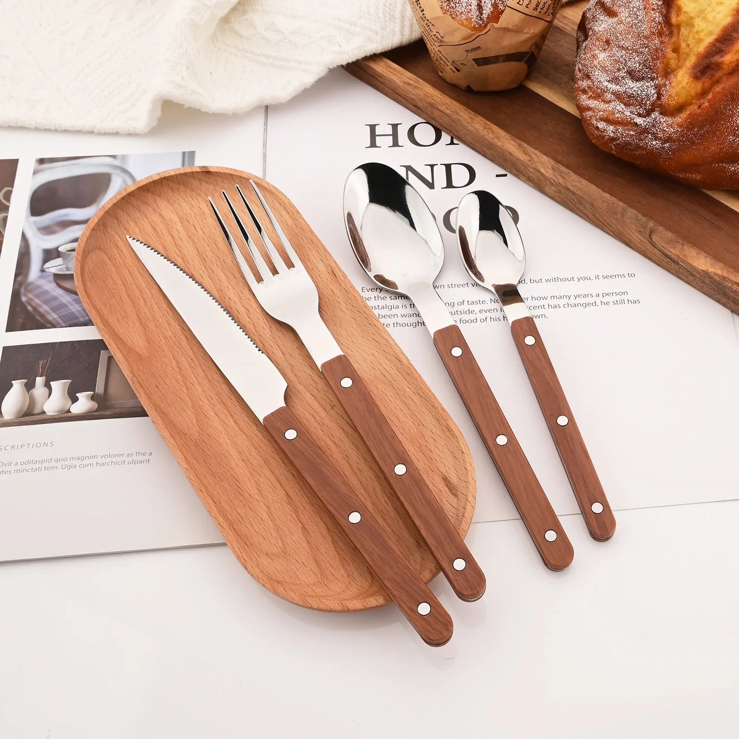 5/20Pcs Imitative Wood Silver Dinnerware Set Western Knife Fork Spoons Set Mirror Stainless Steel Cutlery Kitchen Silverware Set