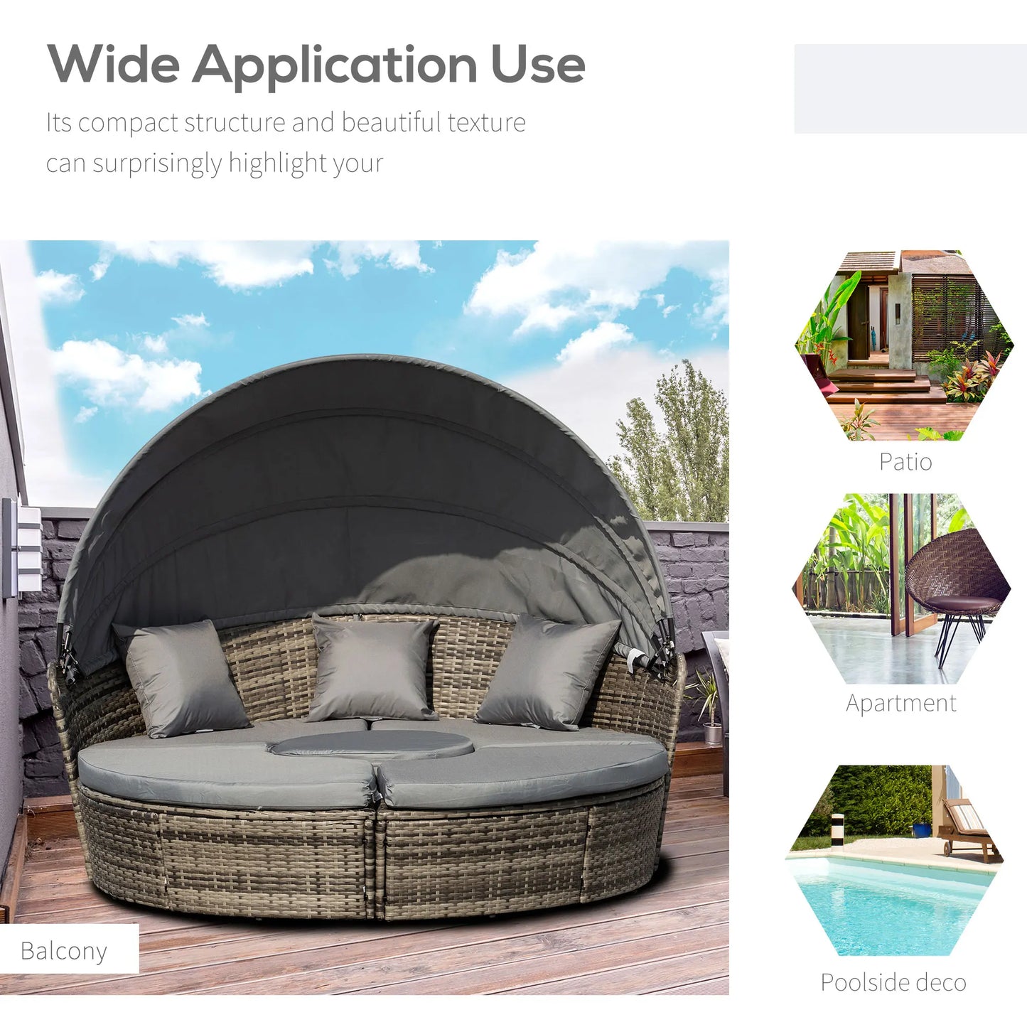 Outdoor Convertible Daybed, 4Pc Furniture Set, Sofa, Coffee Table, Chairs, Gray