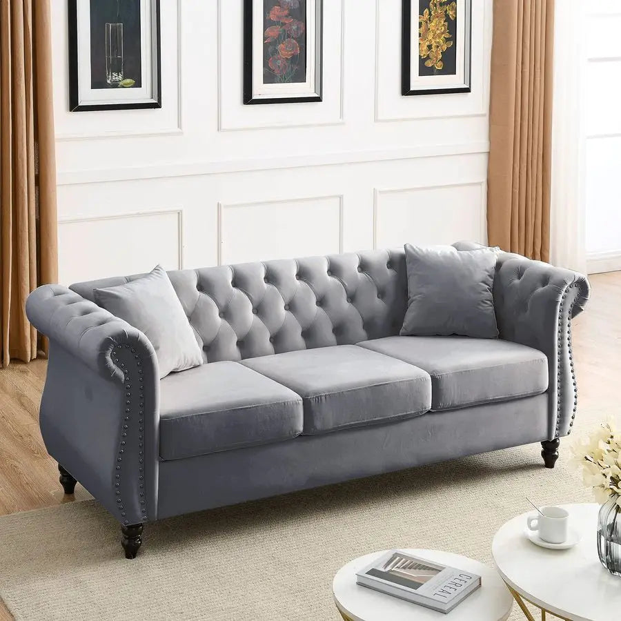 Chesterfield Sofa, Retro Style Upholstered 3 Seater Velvet Couch with Rolled Arm for Living Room Bedroom Office Apartment, Grey