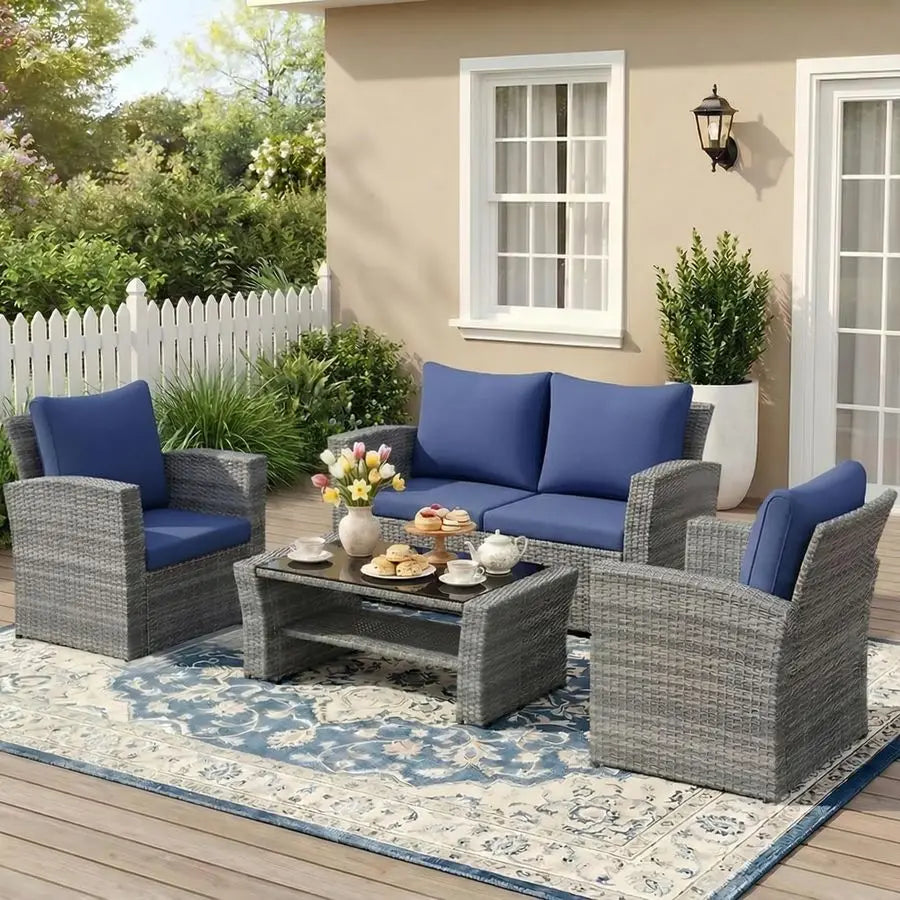 4 Piece Patio Furniture Set, Wicker Outdoor Patio Conversation Furniture Set, All Weather Outdoor Patio Sofa with Cushion and G