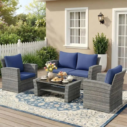 4 Piece Patio Furniture Set, Wicker Outdoor Patio Conversation Furniture Set, All Weather Outdoor Patio Sofa with Cushion and G