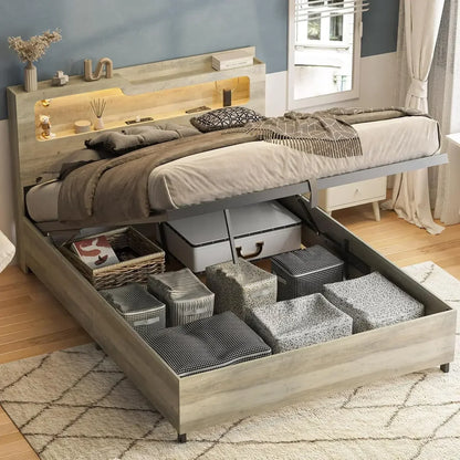 [Limited Time Offer + Free Shipping!]Queen Size Lift Up Storage Bed Frame with Lifting Storage & Charging Station, 2-Tier Headbo