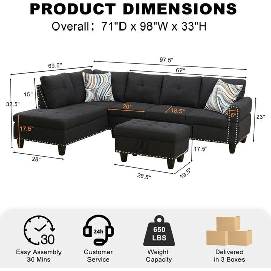 Sectional Sofa Couch, Modern 4-Seaters Living Room Furniture Sets with Chaise Lounge, Ottoman & 2 Pillows | L Shape Couch