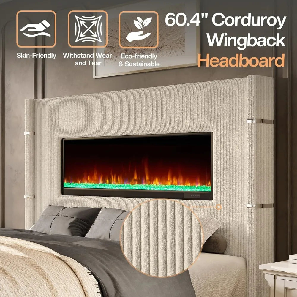 60.4 Queen Size Upholstered Bed Frame with Heat-Free Fireplace, Luxury Corduroy Platform Bed with Extra Tall Wingback Headboard,