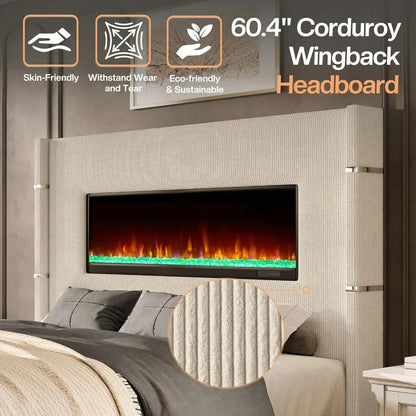60.4 Queen Size Upholstered Bed Frame with Heat-Free Fireplace, Luxury Corduroy Platform Bed with Extra Tall Wingback Headboard,