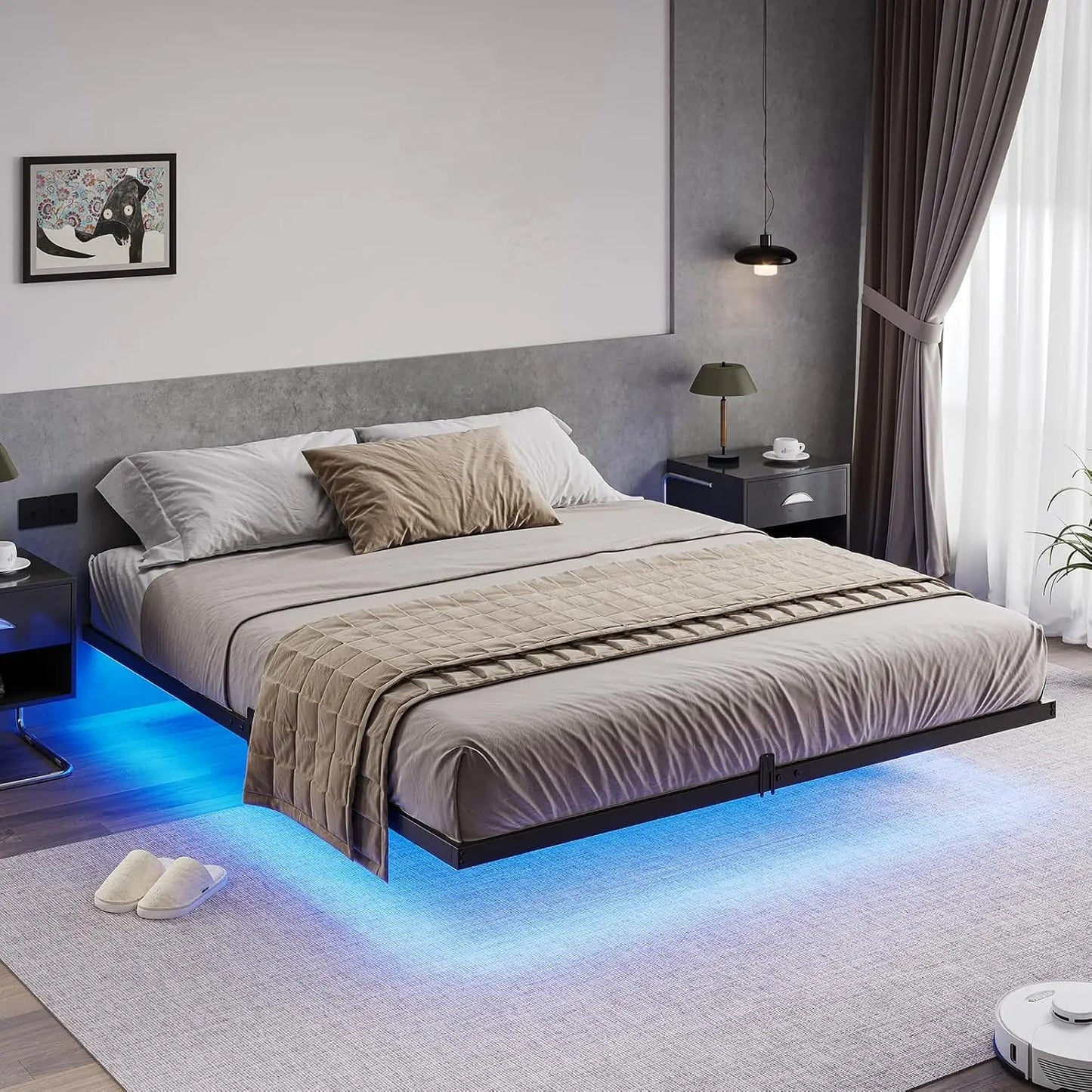Floating Bed Frame King Size with LED Lights, Metal Platform King Bed, No Box Spring Needed, Easy To Assemble