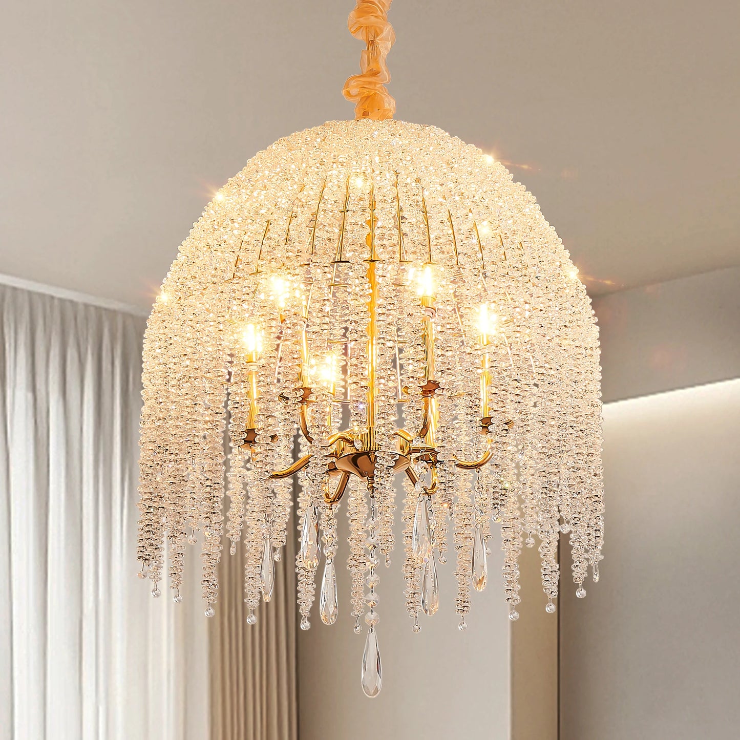 20 Inch 6-Light Crystal Pendant Light Chandelier Elegant Waterfall Design with Crystal Bead Strings and Gold Finish (No Bulb)