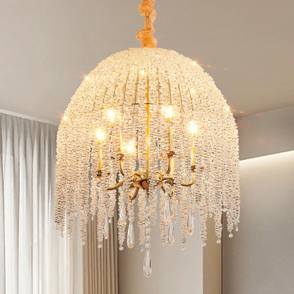 20 Inch 6-Light Crystal Pendant Light Chandelier Elegant Waterfall Design with Crystal Bead Strings and Gold Finish (No Bulb)