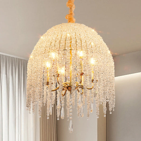 20 Inch 6-Light Crystal Pendant Light Chandelier Elegant Waterfall Design with Crystal Bead Strings and Gold Finish (No Bulb)