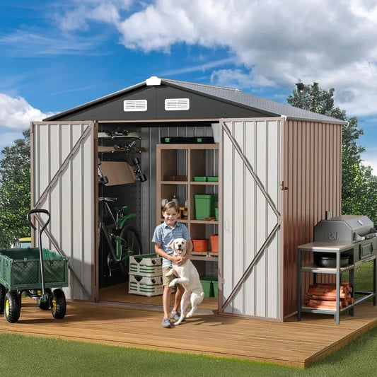 8x6 FT Outdoor Metal Storage Shed, 7.3x5.3 FT Base Durable Garden Shed with Updated Frame Structure for Backyard, Patio