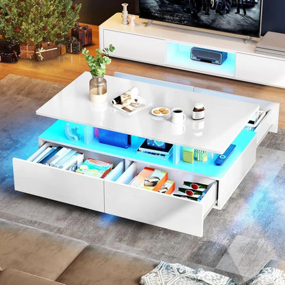 led coffee tables for living room, high glossy coffee table with storage 4 sliding drawers, small rectangular led coffee table