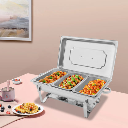 3-Compartment 410 Stainless Steel Chafing Dish Buffet Set with Adjustable Solid Fuel Heating/Cooling, Ideal for Weddings/Parties