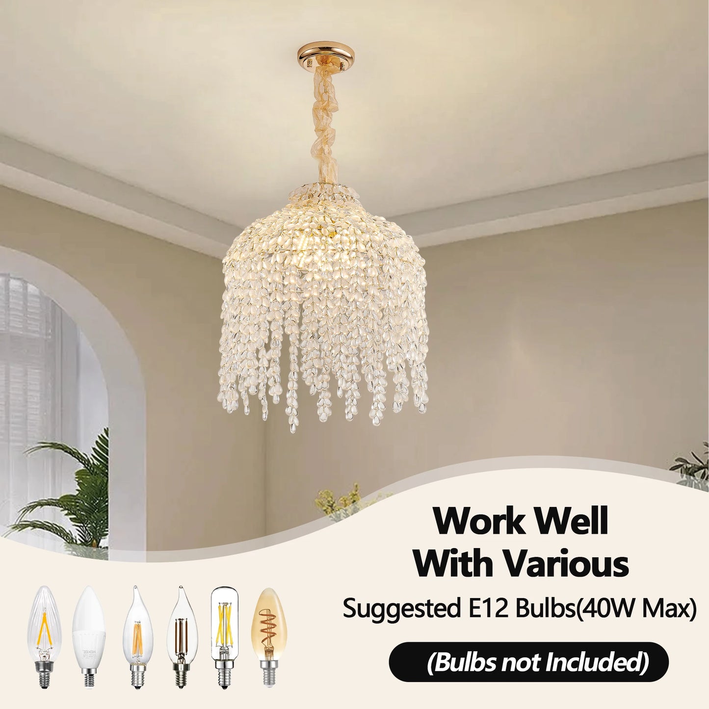 16 Inch 5-Light Crystal Pendant Light Chandelier Elegant Waterfall Design with Crystal Bead Strings and Gold Finish (No Bulb)