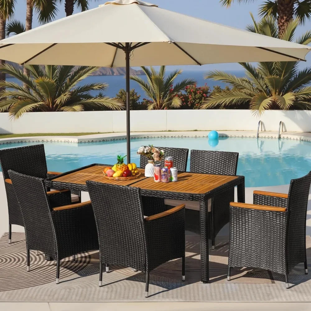 7 Piece Outdoor Patio Dining Set, Conversation Set, 1 Table and 6 Rattan Chairs, Curved Acacia Wood Armrests and Cushions
