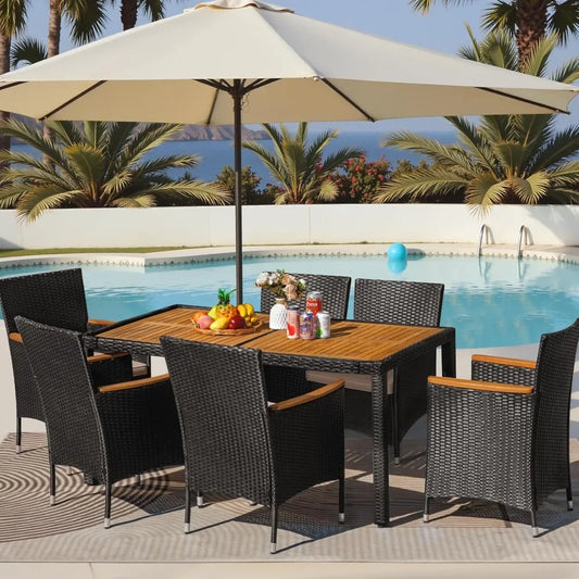 7 Piece Outdoor Patio Dining Set, Conversation Set, 1 Table and 6 Rattan Chairs, Curved Acacia Wood Armrests and Cushions