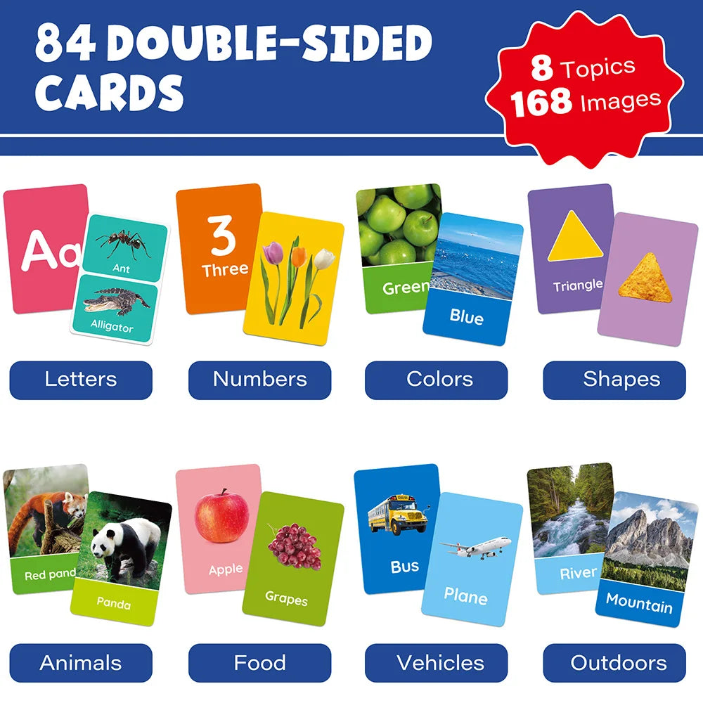 Flash Cards for Toddlers, 84 Double-Sided Educational Flashcards, Alphabet, Number, Objects Learning Cards for Kids