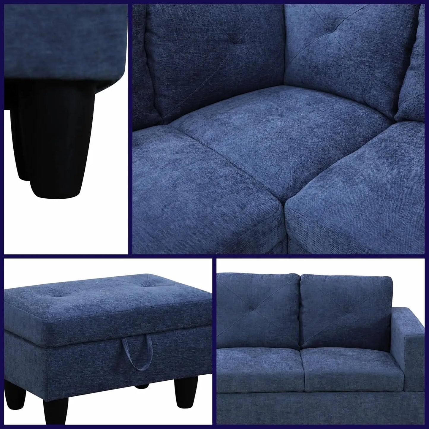 Blue L-Shaped Sectional Sofa with Movable Chaise & Storage Ottoman, Modular Convertible Couch for Living Room