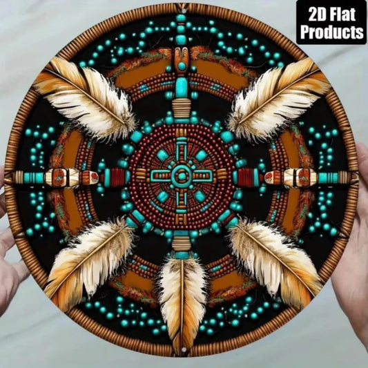 Native American-Themed 2D Flat Circular Aluminum Wall Plaque–8x8 Inch Vibrant Tribal Design in Turquoise, Orange, Brown & More"