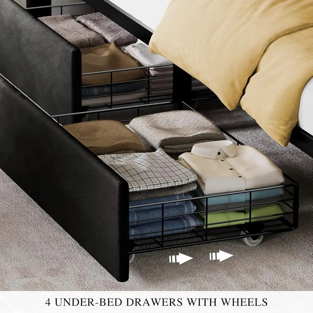 Queen/king Bed Frame with LED Lights 4 Drawers, No Box Spring Needed, Easy Assembly, Velvet Upholstered Platform Bed